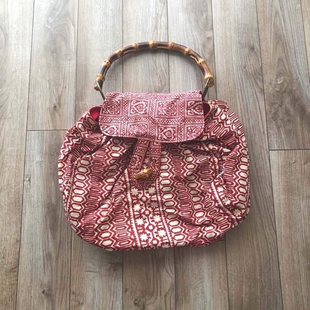 Red and white fabric tote from Anthropologie